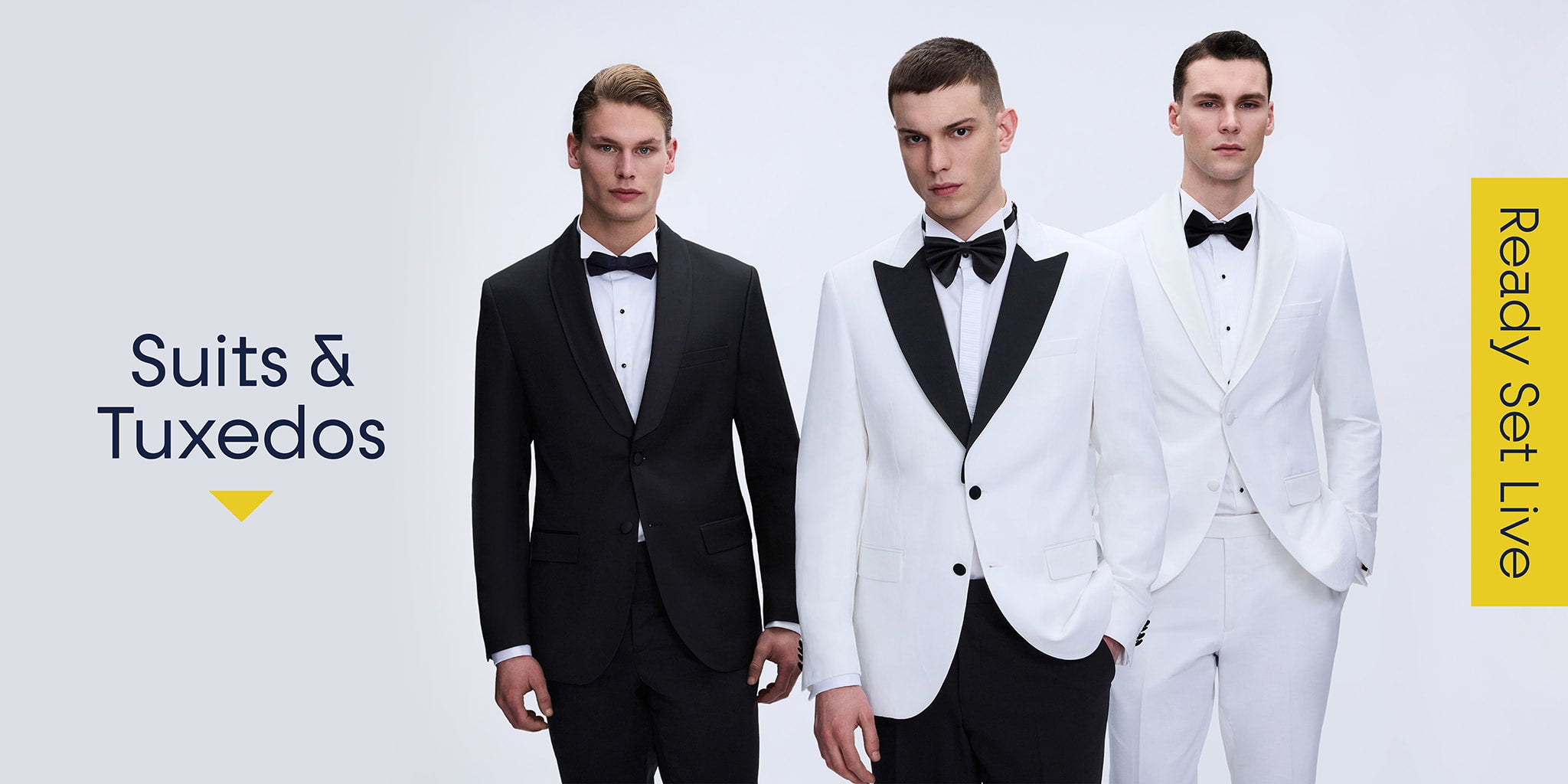 Three men wearing black and white suits with text 'Suits & Tuxedos' on a light gray background.