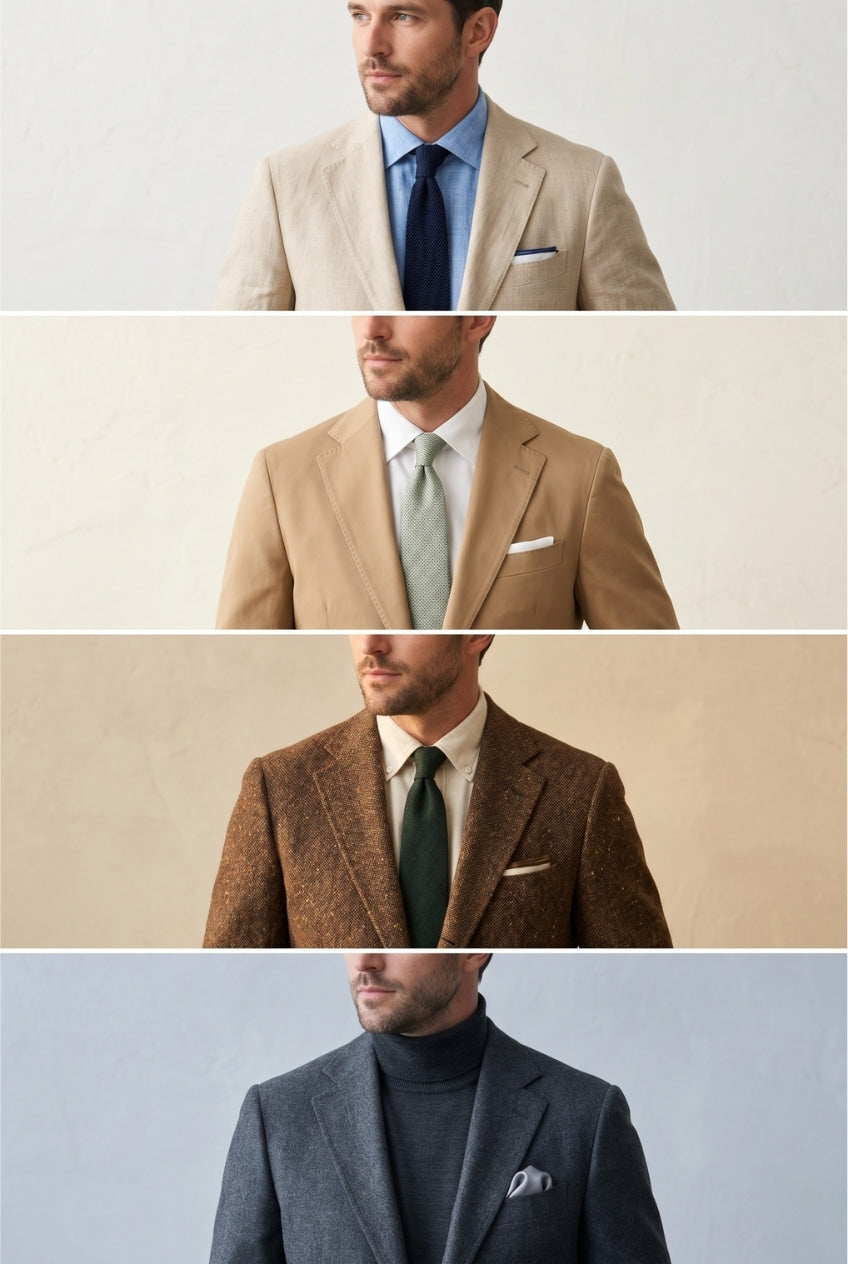 Four-panel infographic showing seasonal suit fabric styling: beige linen with knit tie for summer, tan cotton with sage tie for spring, brown Donegal tweed with green tie for fall, and charcoal flannel with turtleneck for winter