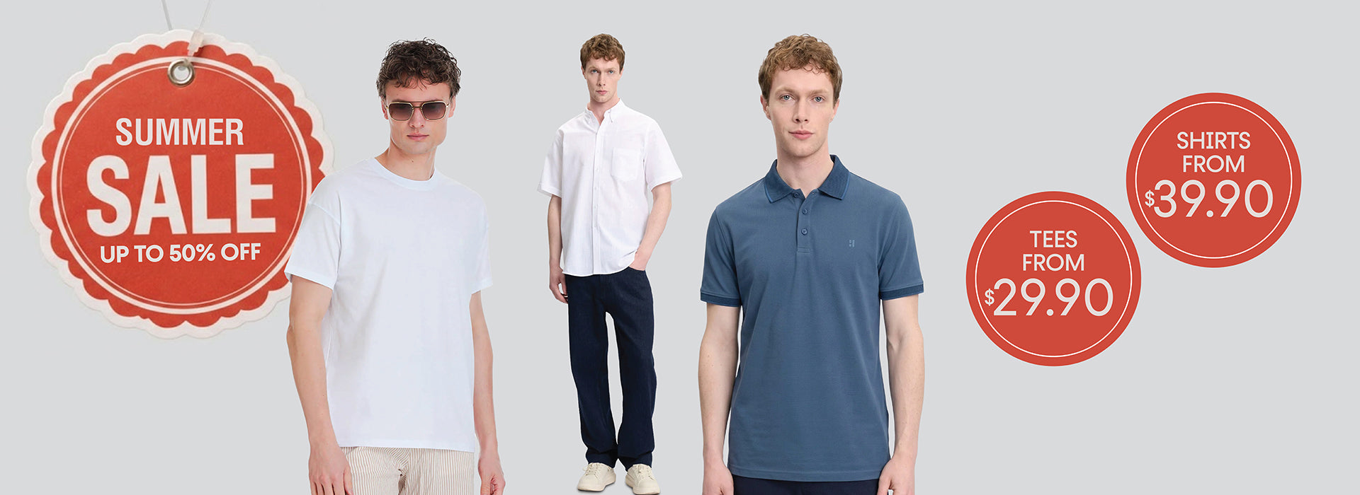 SAYKI Summer Sale up to 50% off banner featuring three men in white t-shirt, white short-sleeve Oxford shirt, and blue polo shirt, with pricing tags for tees from $29.90 and shirts from $39.90