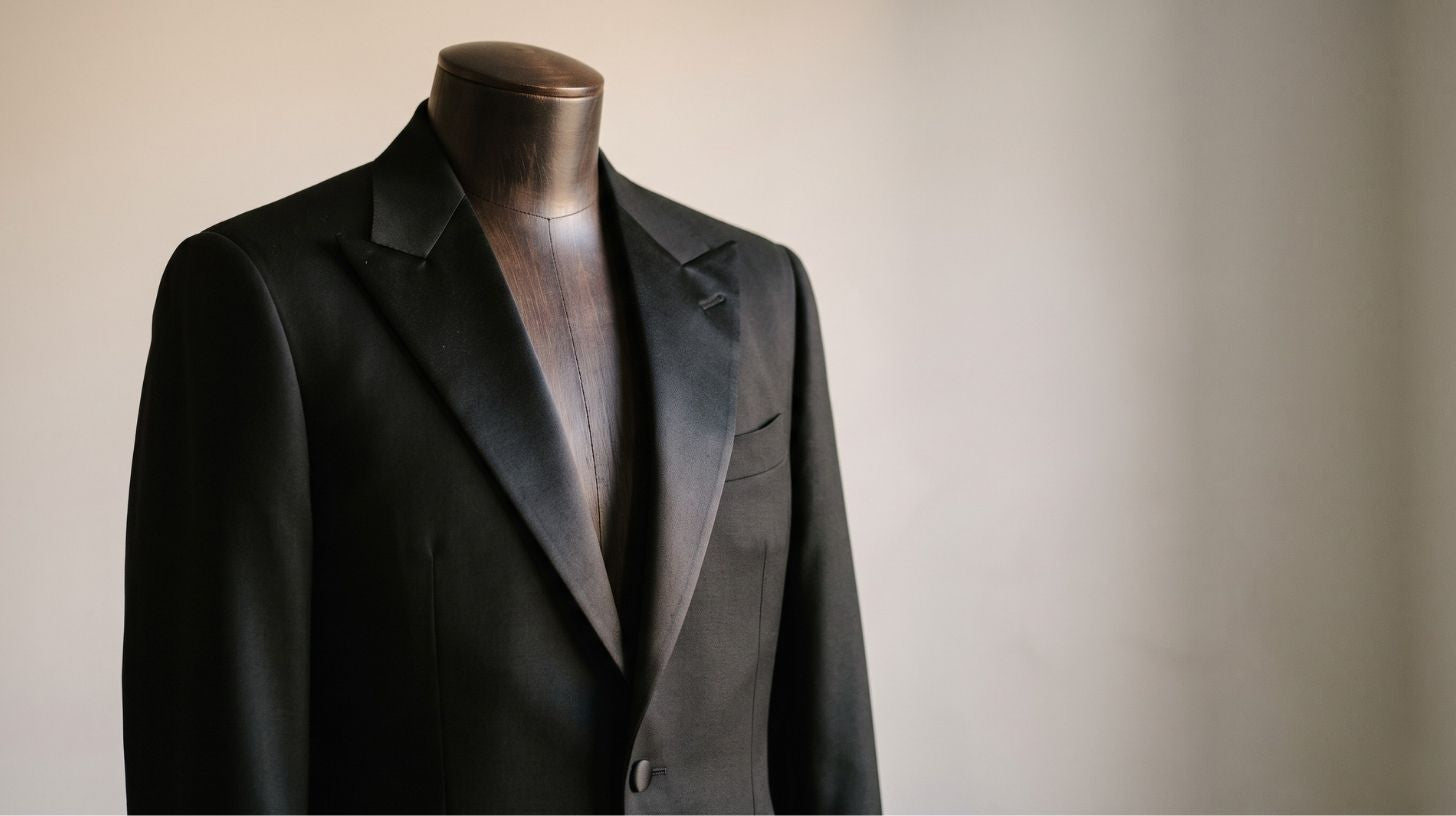 Black peak-lapel SAYKI tuxedo jacket on a wide wooden hanger, satin facing catching warm side light, deep charcoal background with subtle surface reflection