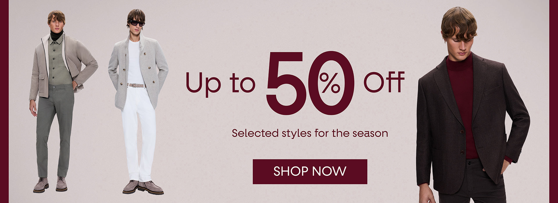 Promotional banner with men's clothing and 'Up to 50% Off' offer on a plain background.