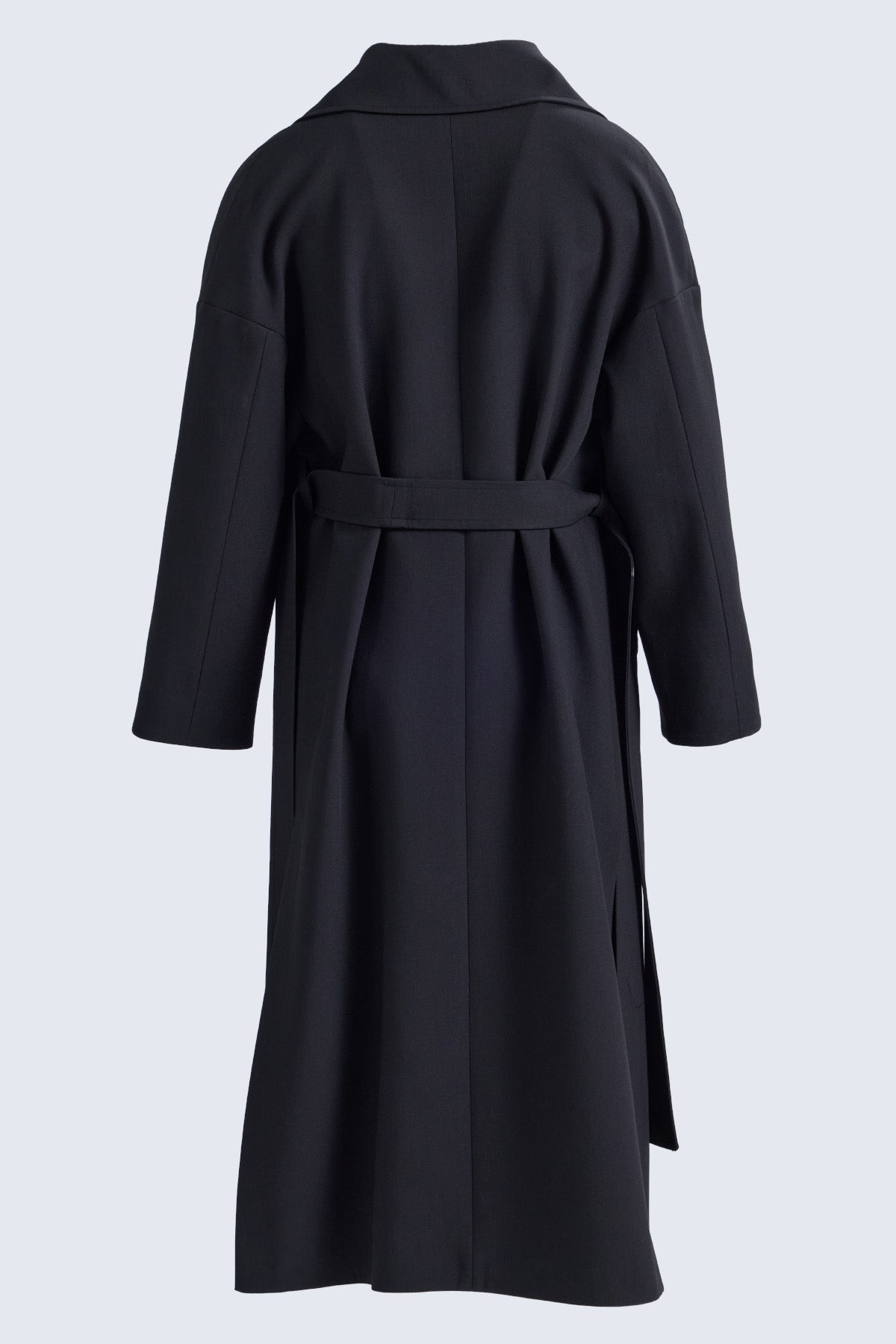 Black wool coat with belted waist and notched collar from sayki woman dynamic fit cachet oversized collection