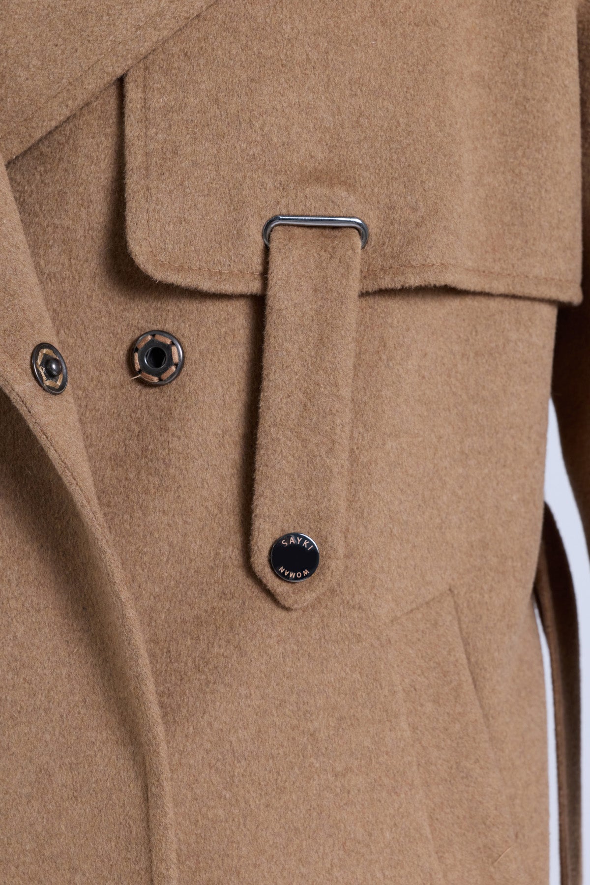 Sayki woman dynamic fit camel coat in tan wool blend with silver metal buttons and flap detail
