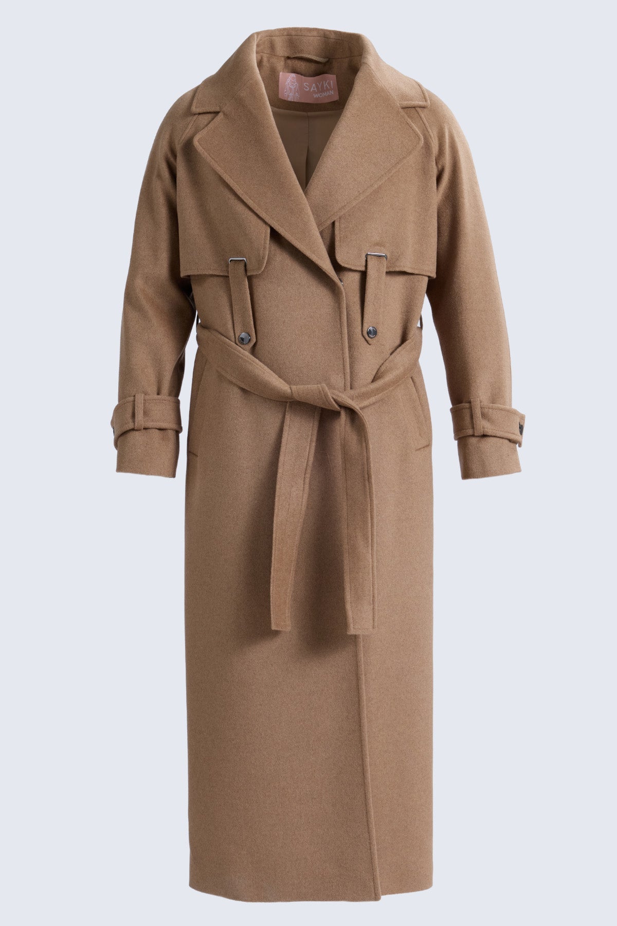 Sayki woman dynamic fit camel coat with belted waist double-breasted front wool blend classic style