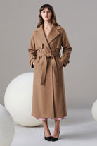 Sayki woman dynamic fit camel coat with belted waist classic collar made of cachet wool blend