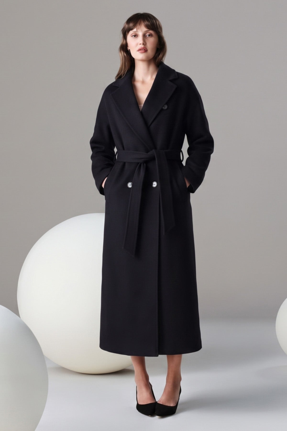 Sayki woman dynamic fit double-breasted black wool blend oversized trench coat with belted waist and silver buttons