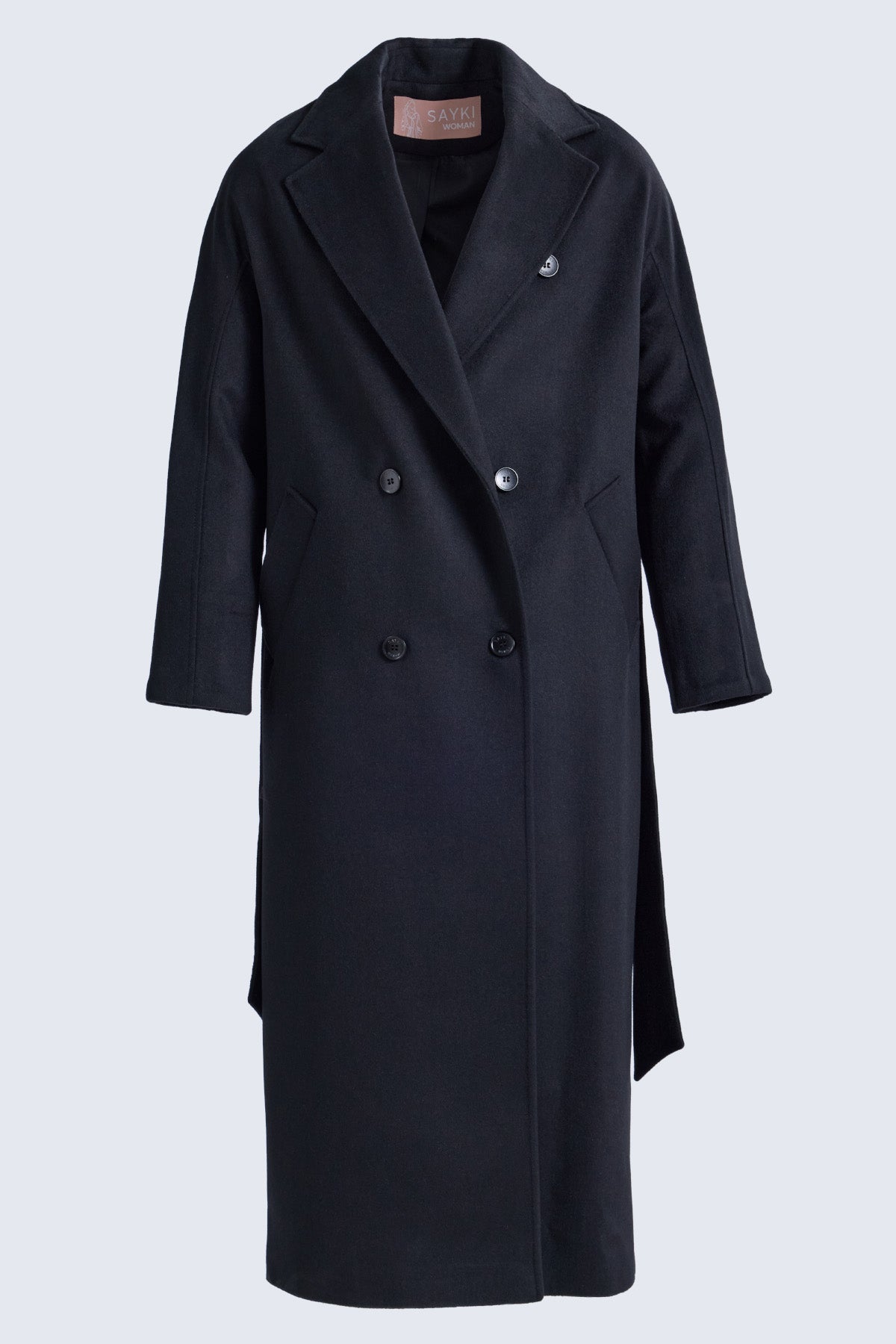 Sayki woman dynamic fit double-breasted black wool blend coat with silver buttons and structured collar