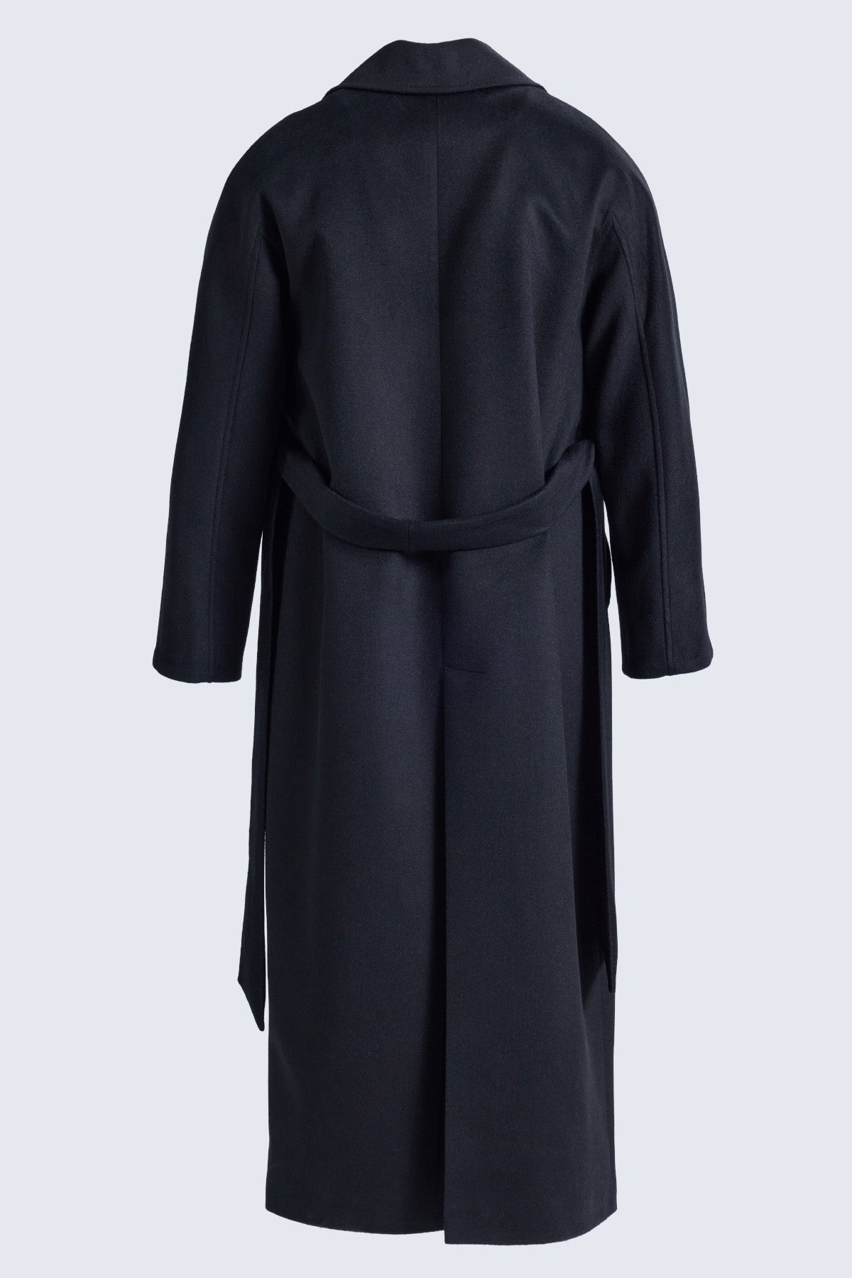 Sayki woman dynamic fit double-breasted black wool blend trench coat with belted waist and classic collar