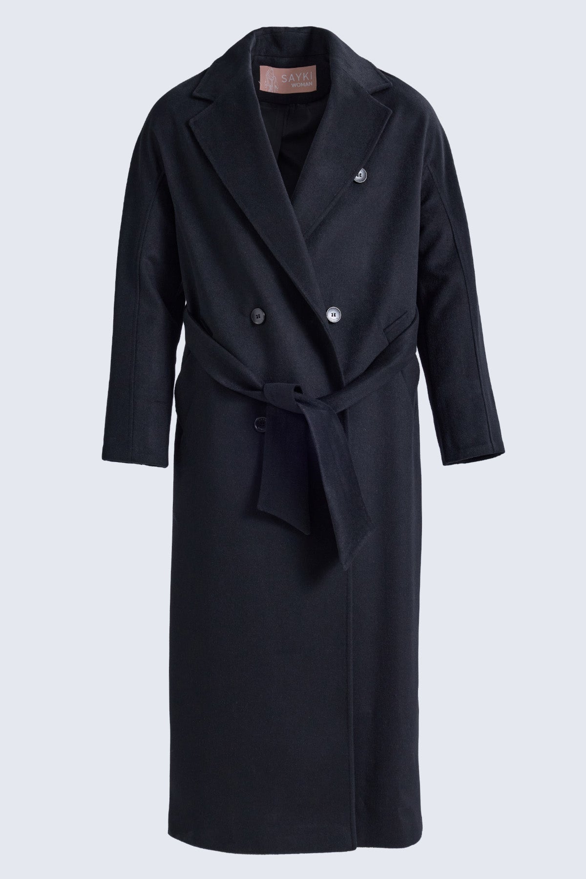 Sayki woman dynamic fit double-breasted black wool blend coat with belted waist and silver buttons