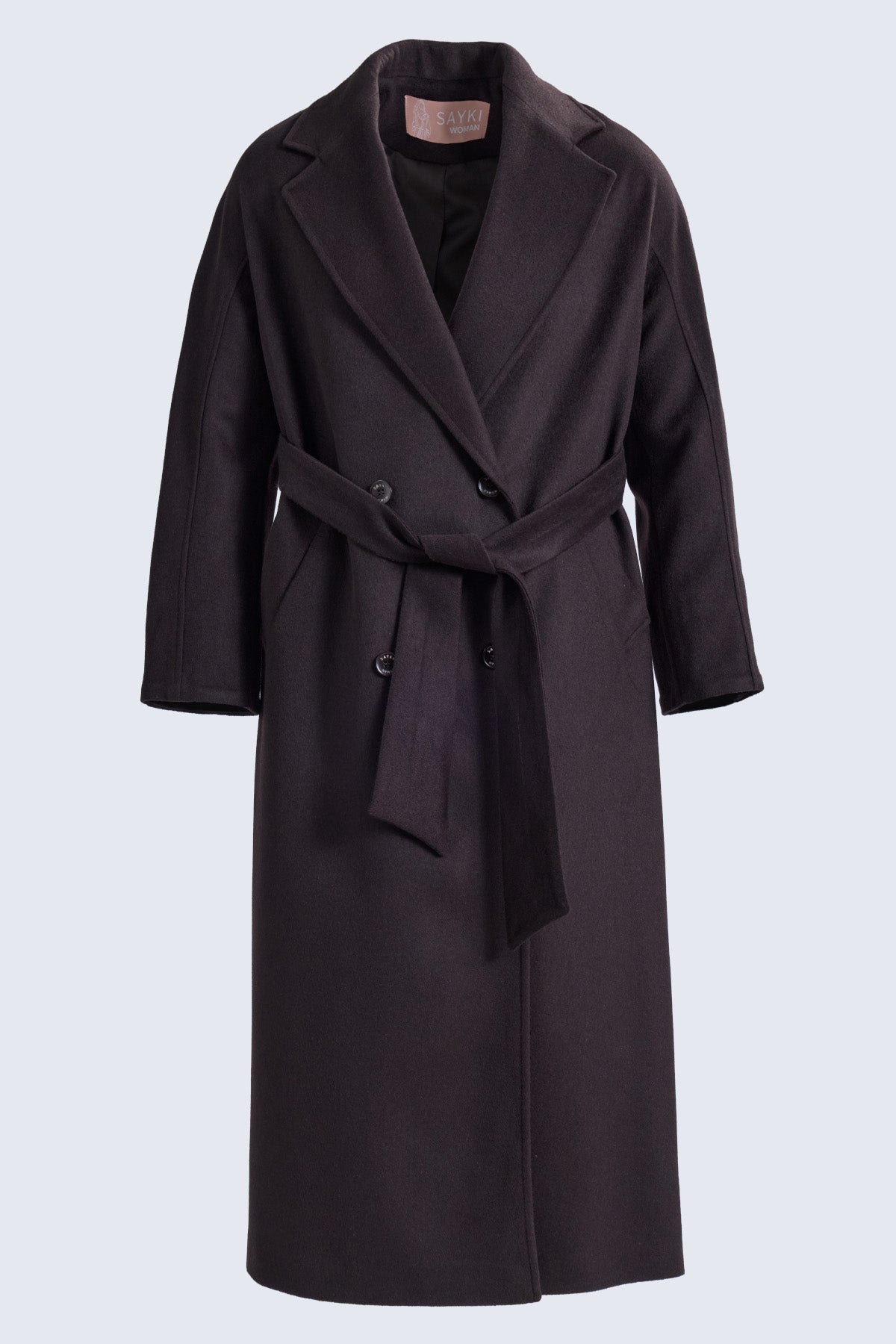 Sayki woman dynamic fit double-breasted black wool blend coat with belted waist and oversized silhouette