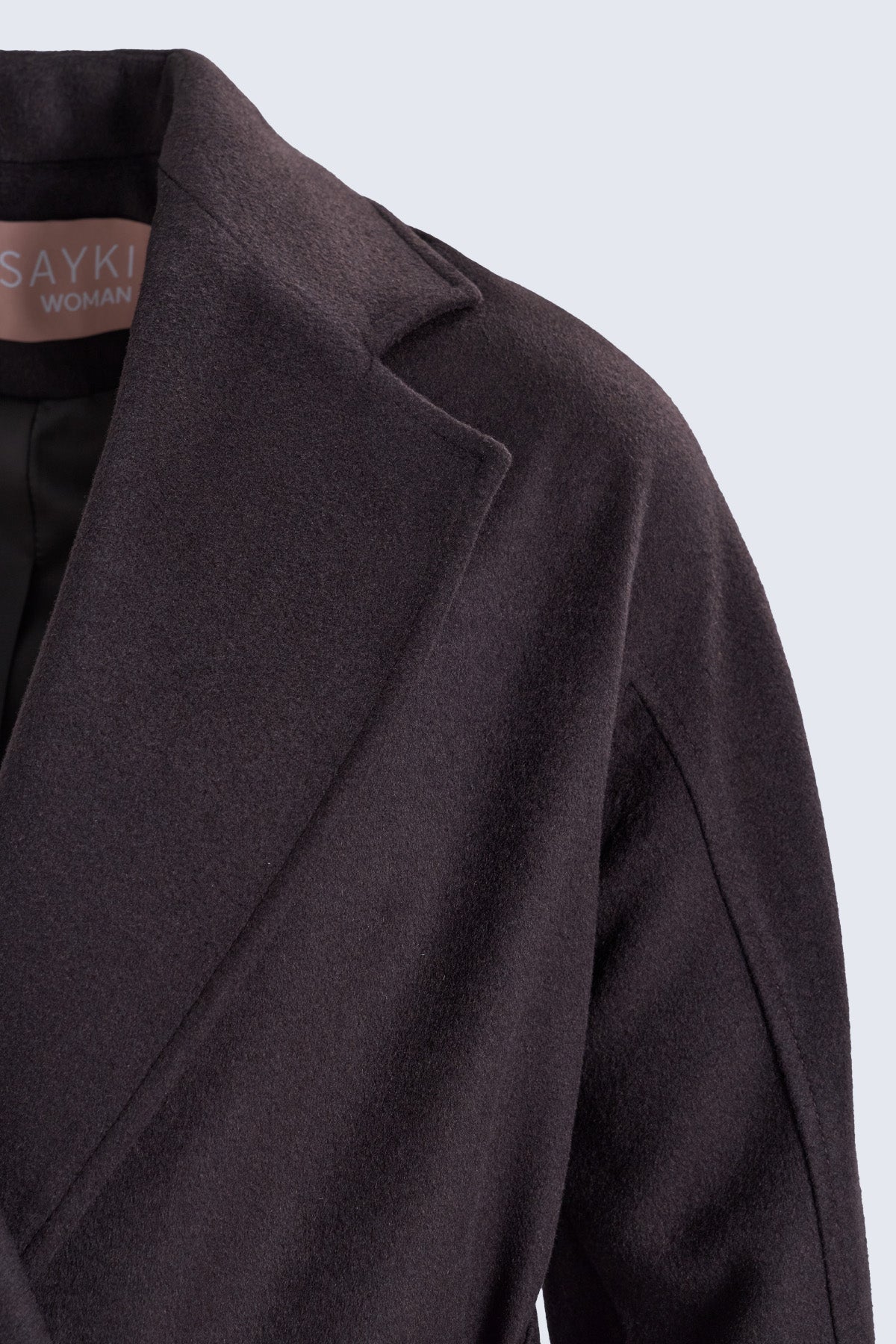 Sayki woman dynamic fit double-breasted wool blend brown oversized coat with dark brown wool blazer texture and structured collar