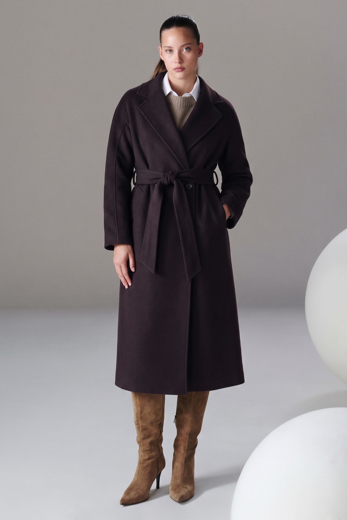 Dark brown wool blend SAYKI woman dynamic fit double-breasted coat with belted waist oversized style