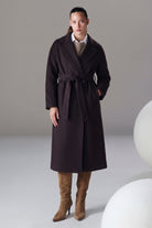 Dark brown wool blend SAYKI woman dynamic fit double-breasted coat with belted waist oversized style