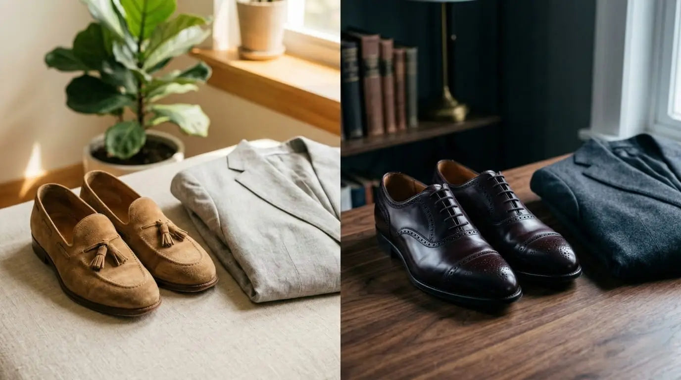 Split image comparing seasonal shoe pairings: tan suede tassel loafers with a light grey suit for spring and summer on the left, dark burgundy brogue oxfords with a charcoal suit for fall and winter on the right