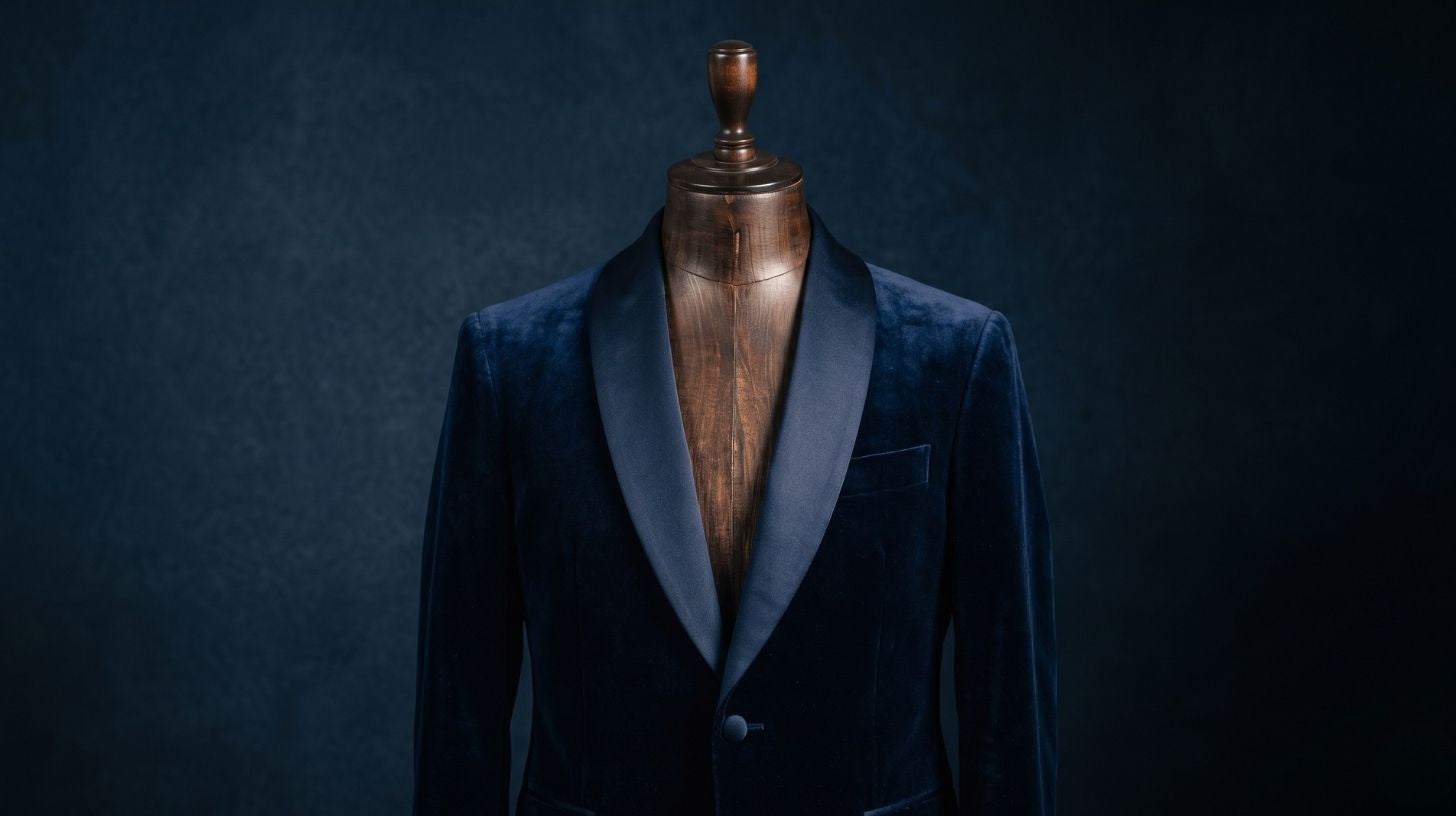 Midnight blue velvet tuxedo with shawl lapel on a wooden dress form, continuous satin roll catching warm side light against a deep charcoal background