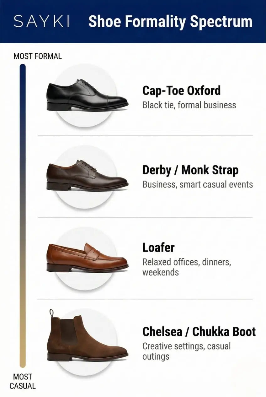 SAYKI shoe formality spectrum for suits from most formal to most casual: cap-toe oxford for black tie and formal business, derby and monk strap for business and smart casual, loafer for relaxed offices and weekends, Chelsea and chukka boot for creative settings