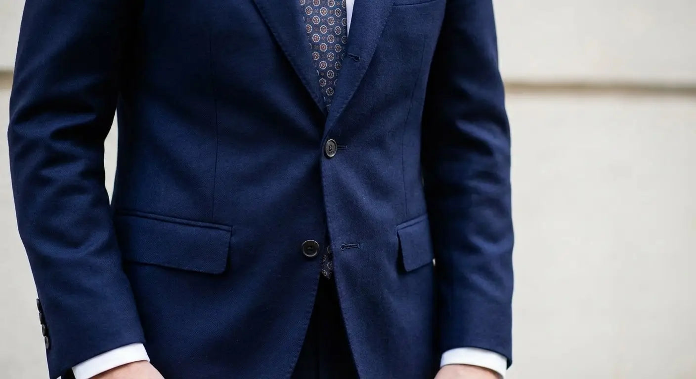 Detail view of a single breasted navy suit jacket with the top button fastened, showing proper button stance, natural drape, visible shirt cuff, and tie for a classic tailored fit.
