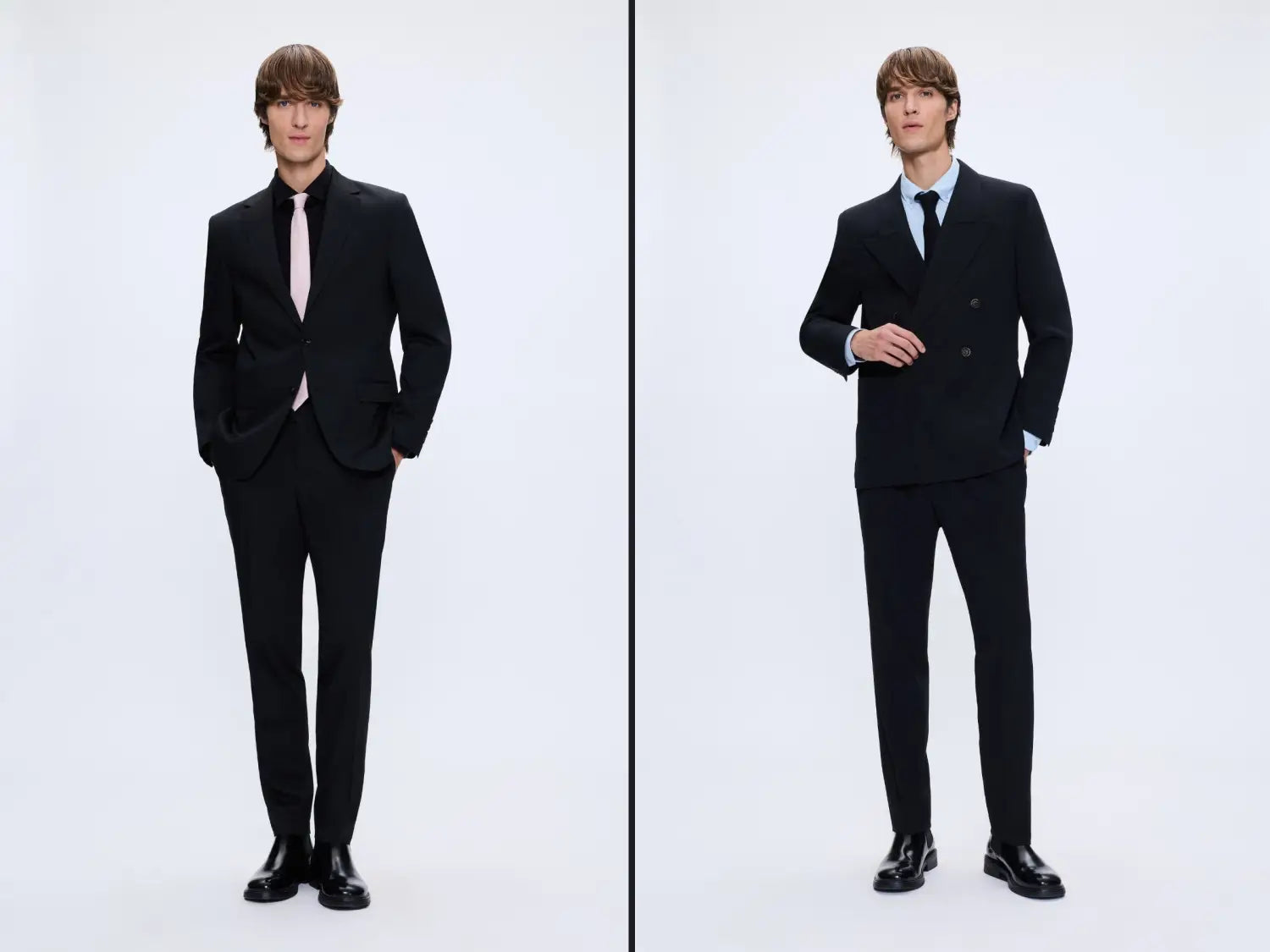 Side-by-side comparison of a man wearing a single breasted black suit and another wearing a double breasted black suit in a clean studio setting, full body view.
