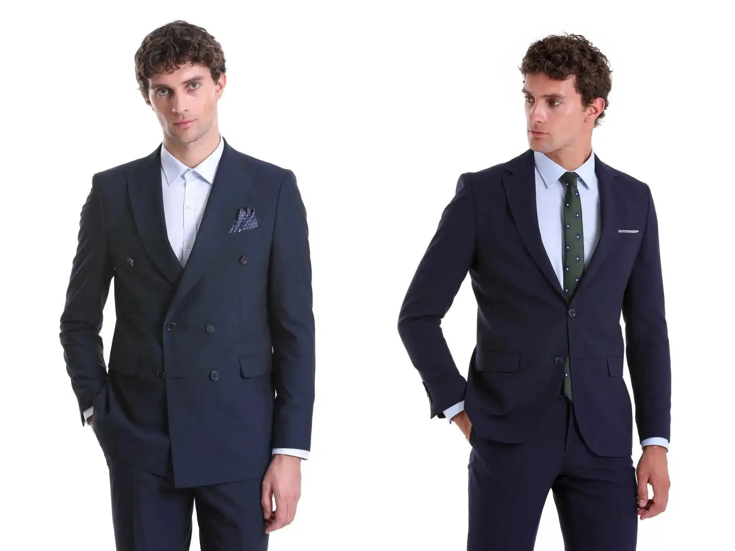 Side-by-side comparison of the same man wearing a double breasted suit and a single breasted suit in the same color, highlighting differences in silhouette, structure, and overall visual impact.