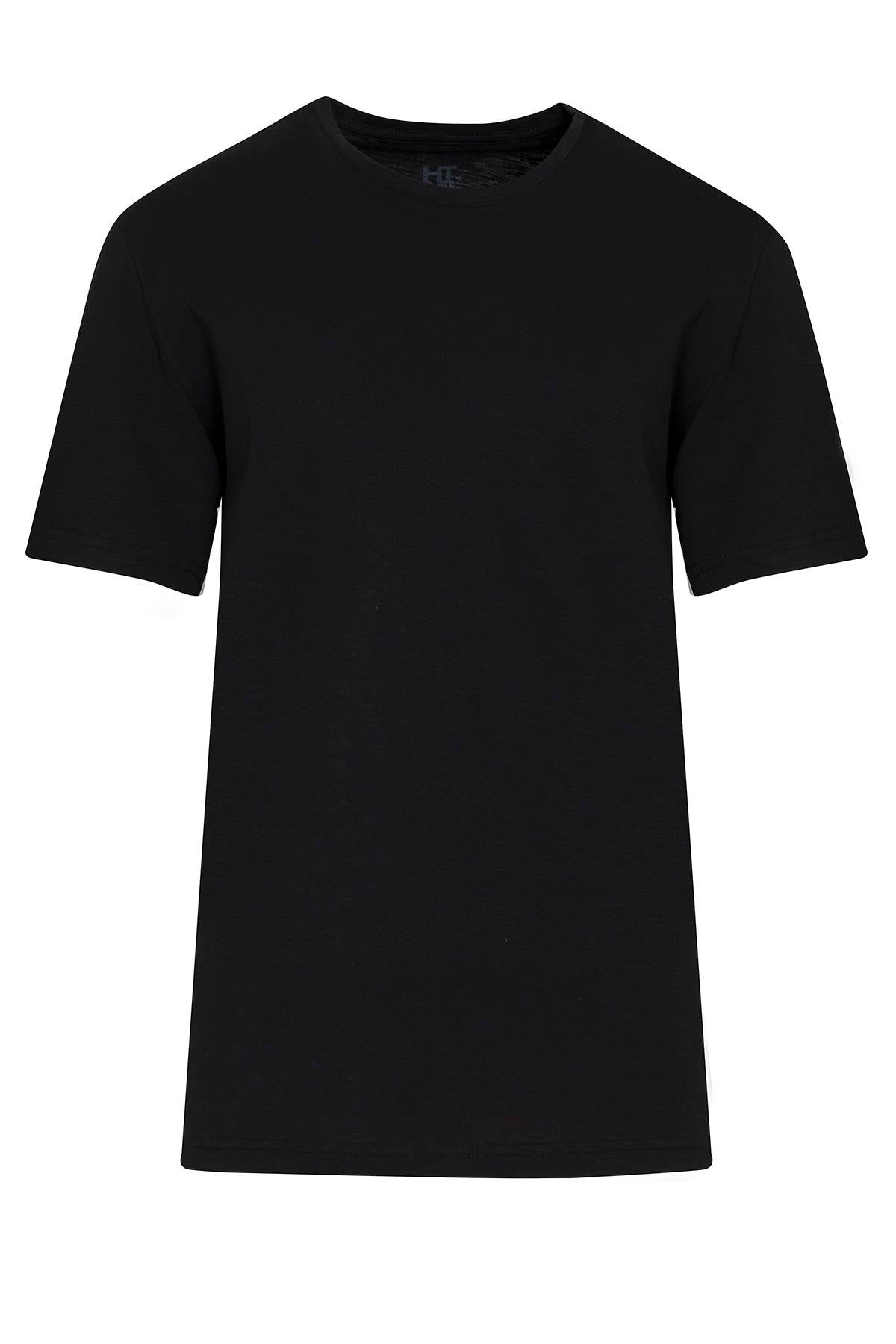 Black short-sleeved crew neck t-shirt with a simple, solid design.