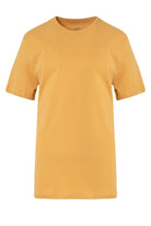 A plain mustard-yellow short-sleeved t-shirt with a simple crew neck design.