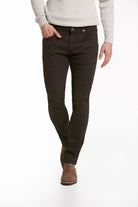 Dark brown slim-fit trousers with a subtle ribbed texture and classic five-pocket design.