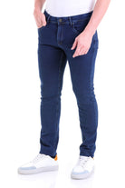 Dark blue slim-fit denim jeans with a classic five-pocket design and subtle stitching details.