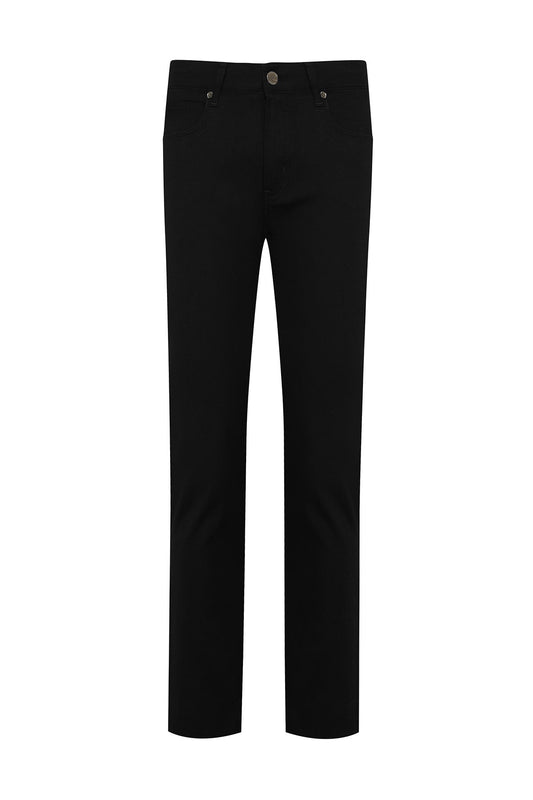 Black straight-leg trousers with a sleek, minimalist design and subtle stitching details.