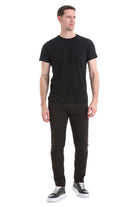 Black cotton crew-neck t-shirt with short sleeves.