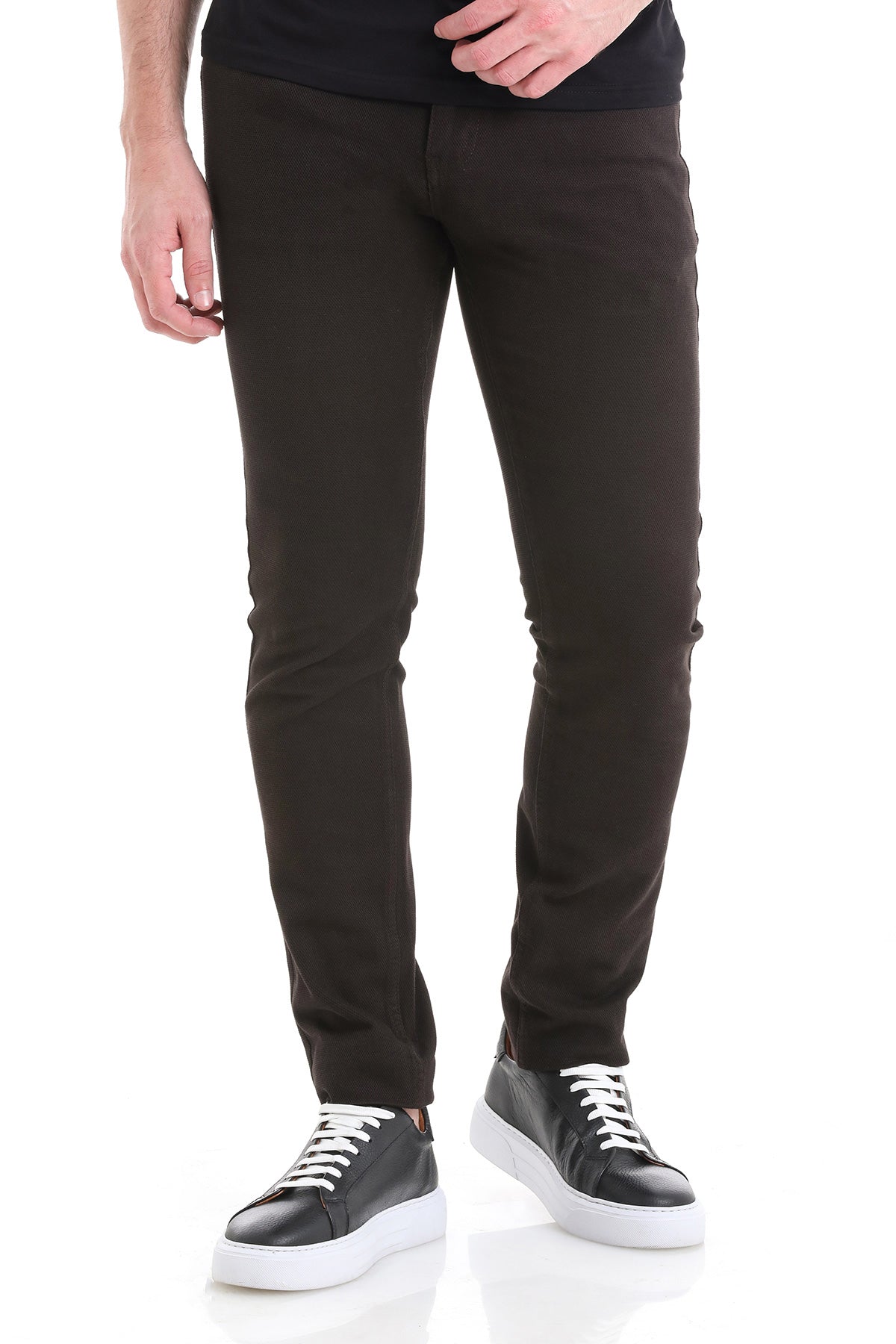 Black slim-fit trousers with a smooth, tailored fabric and subtle side seam detailing.