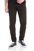 Black slim-fit trousers with a smooth, tailored fabric and subtle side seam detailing.