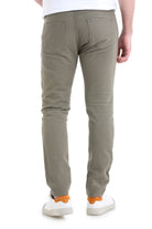 Khaki-colored slim-fit jeans with a subtle textured weave and classic back pockets.