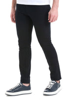 Black slim-fit trousers with a smooth, form-fitting fabric and clean stitching.