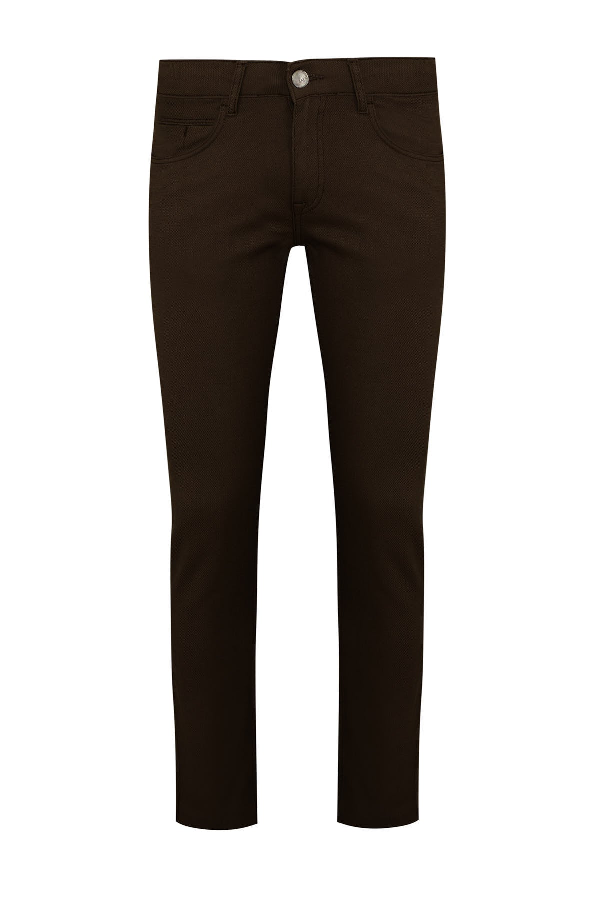 Dark brown slim-fit trousers with a classic five-pocket design and a silver-toned button at the waistband.