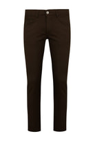 Dark brown slim-fit trousers with a classic five-pocket design and a silver-toned button at the waistband.