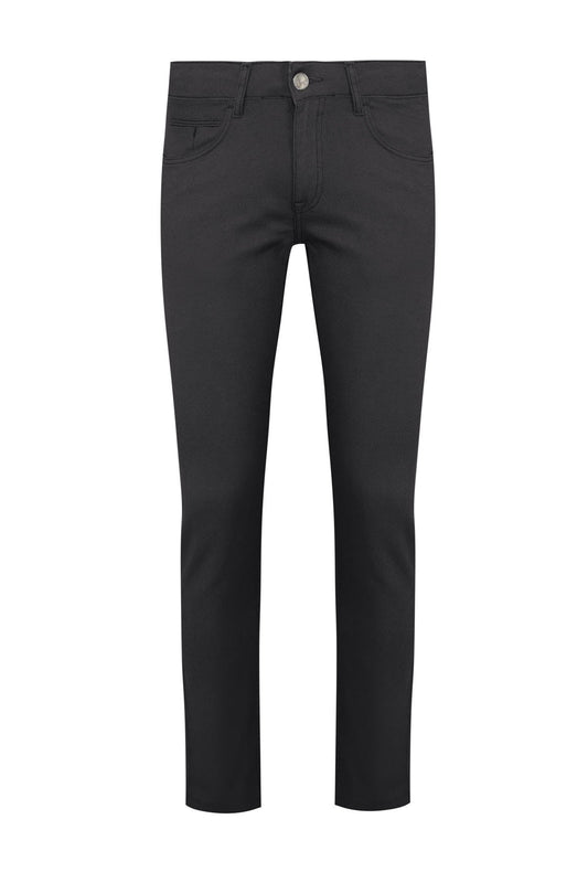 Black slim-fit trousers with a sleek, modern design and subtle stitching details.