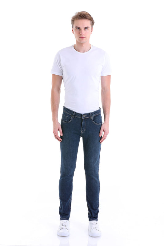 Dark blue slim-fit denim jeans with a classic five-pocket design and white stitching.