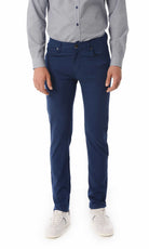 Navy blue slim-fit trousers with a subtle texture and classic five-pocket design