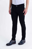 Black slim-fit denim jeans with a classic five-pocket design and silver-toned button.