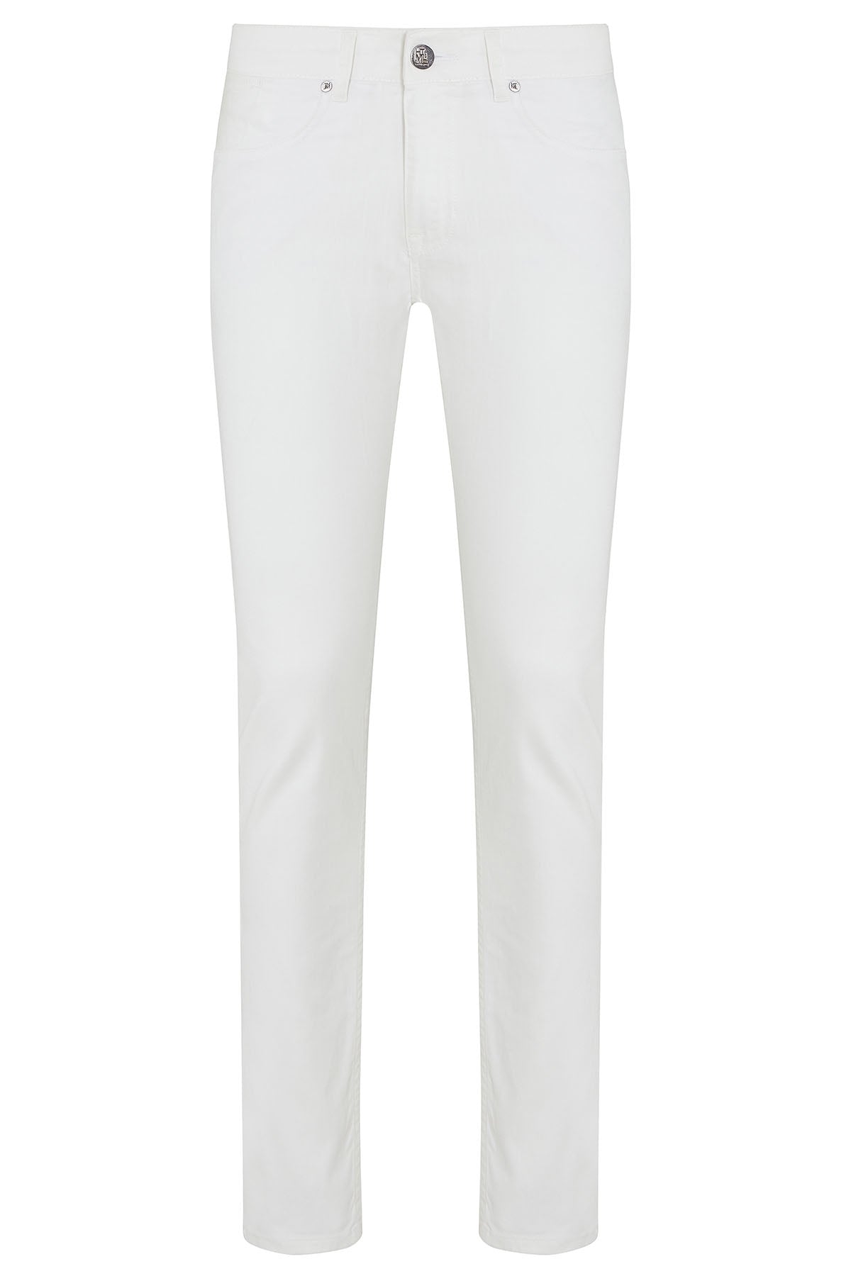 White straight-leg trousers with a sleek, modern cut and subtle stitching details.
