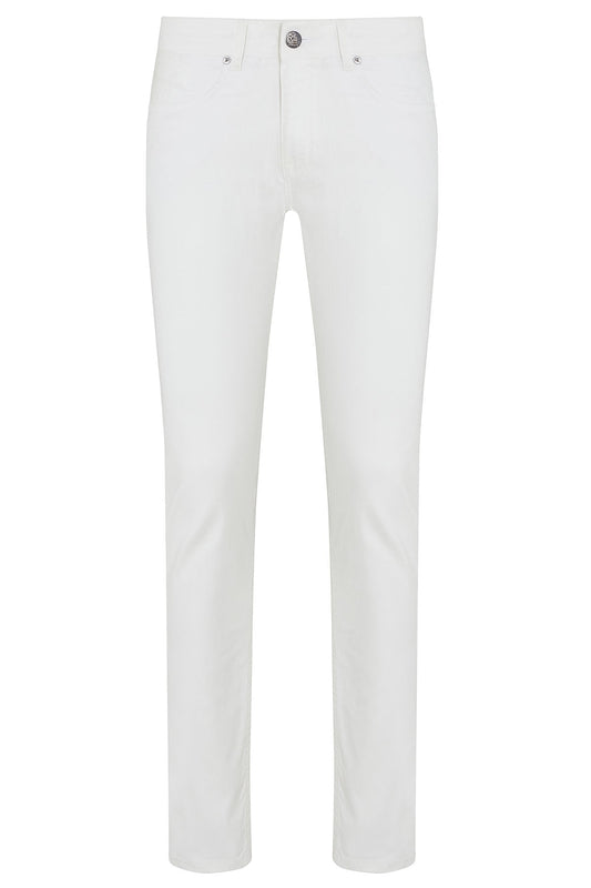 White straight-leg trousers with a sleek, modern cut and subtle stitching details.