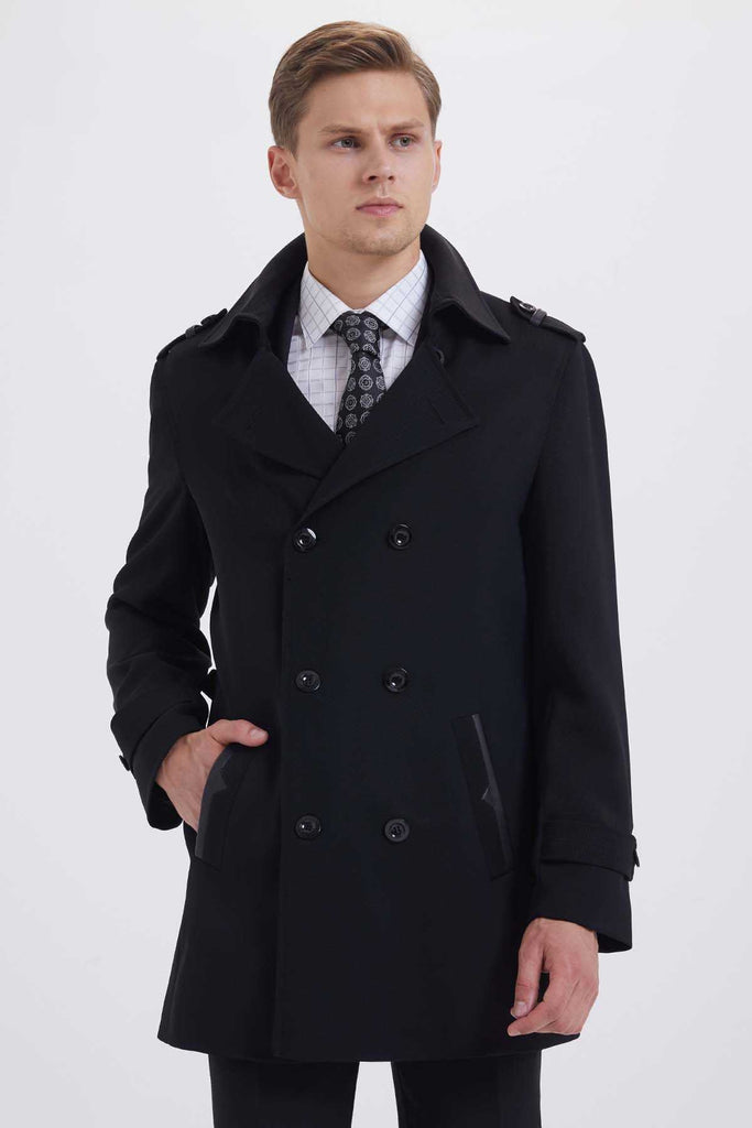 Slim Fit 7010?Double Breasted Wool Black Long Coat - MIB