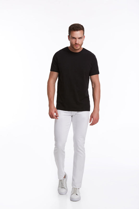 A sleek black short-sleeved crew neck t-shirt made of soft cotton fabric.
