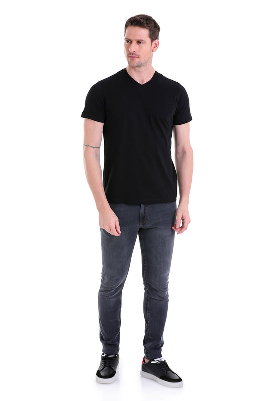 Slim Fit Basic Cotton Black V-Neck T-Shirt - SAYKI