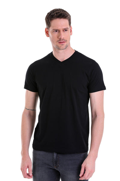 Black v-neck cotton t-shirt.