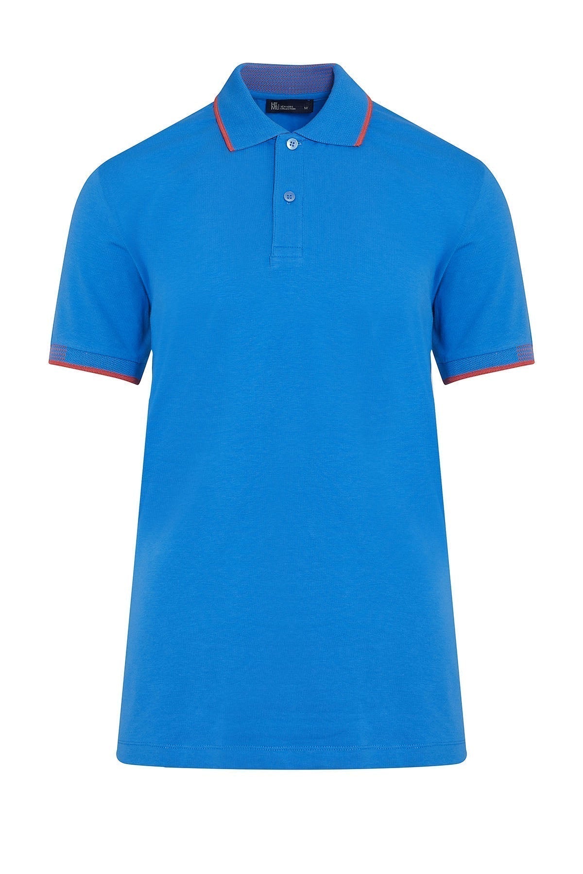 Bright blue polo shirt with red trim on the collar and sleeve cuffs.