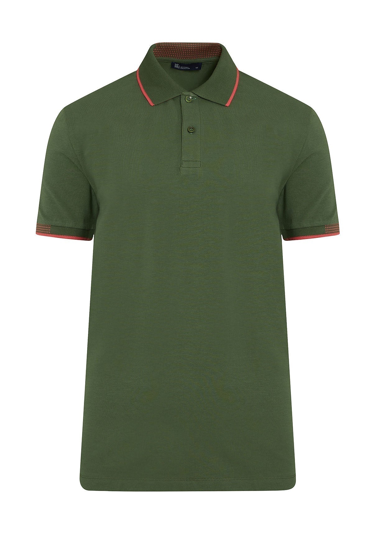 Olive green short-sleeved polo shirt with red trim along the collar and sleeve cuffs.