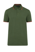 Olive green short-sleeved polo shirt with red trim along the collar and sleeve cuffs.