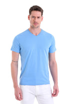 Light blue v-neck short-sleeved cotton t-shirt.