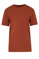 A simple, rust-colored cotton t-shirt with a classic crew neck and short sleeves.